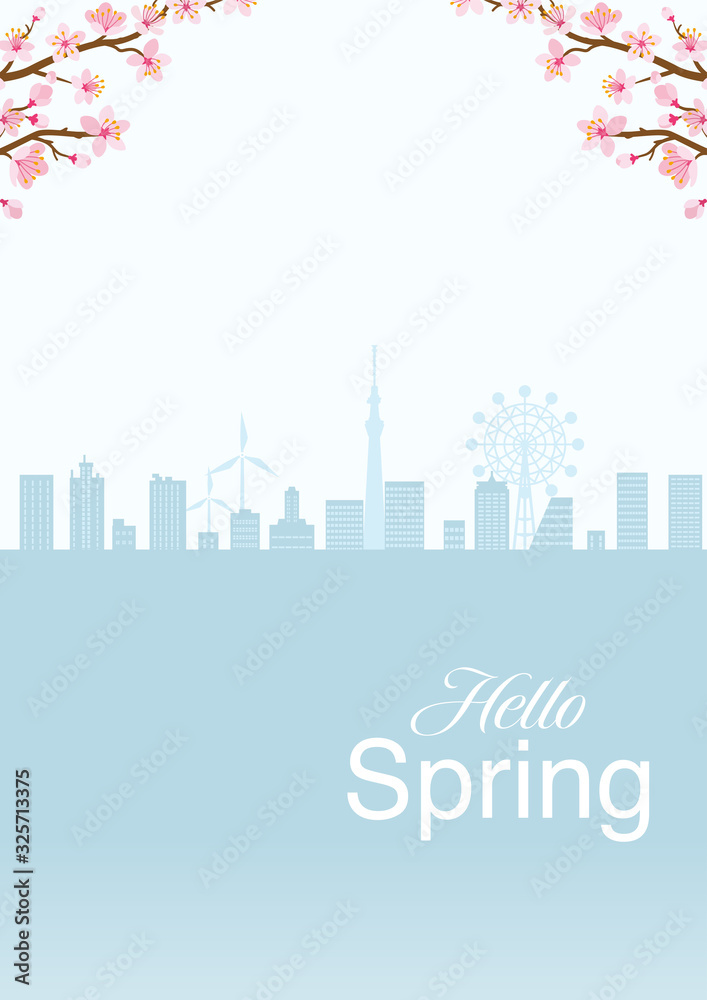 Cherry blossom twigs and silhouette of cityscape, vertical layout - included words 