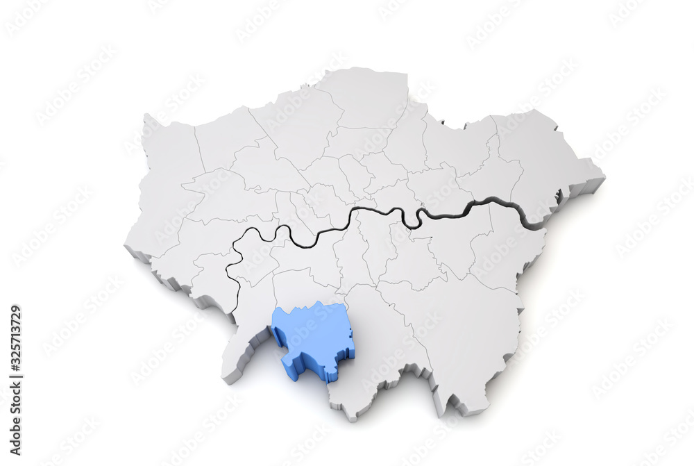 Greater London map showing Sutton borough in blue. 3D Rendering