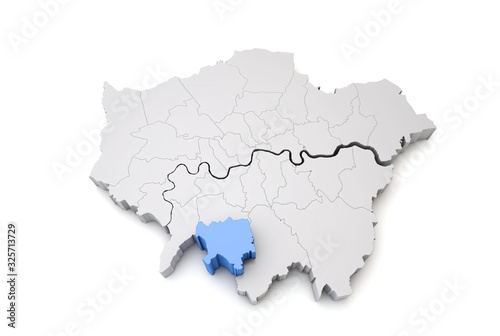 Greater London map showing Sutton borough in blue. 3D Rendering