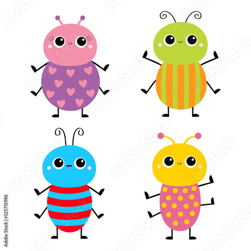 Beetle bug set. Insect animal. Cute cartoon kawaii smiling baby character. Blue red color. Education cards for kids. Isolated. White background. Flat design.