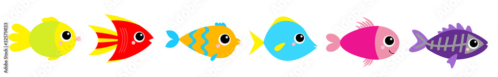 Fish icon set line. Cute cartoon kawaii funny character. Baby kids collection. Aquarium sea ocean animals. Marine life. White background. Isolated. Flat design.