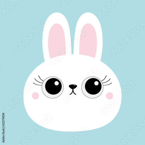 White bunny rabbit hare face head round icon. Big eyelashes. Cute kawaii cartoon funny baby girl character. Happy Easter. Greeting card. Blue background. Flat design.