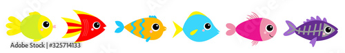Fish icon set line. Cute cartoon kawaii funny character. Baby kids collection. Aquarium sea ocean animals. Marine life. White background. Isolated. Flat design.