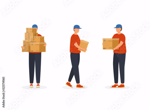 Set of postal workers in different poses. Courier or delivery service. Men characters with parcels packages boxes.