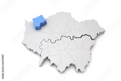 Greater London map showing Harrow borough in blue. 3D Rendering photo
