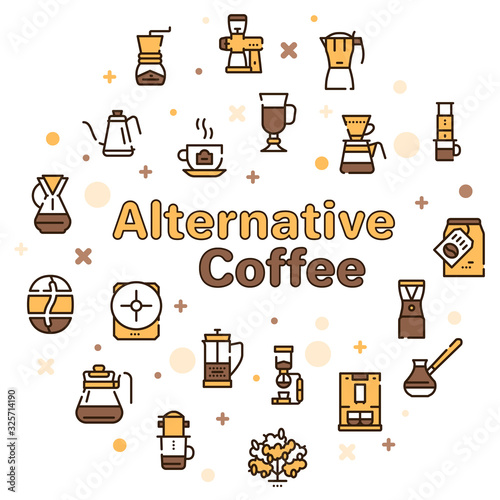 Third wave alternative coffee color icon set. Editable stroke.