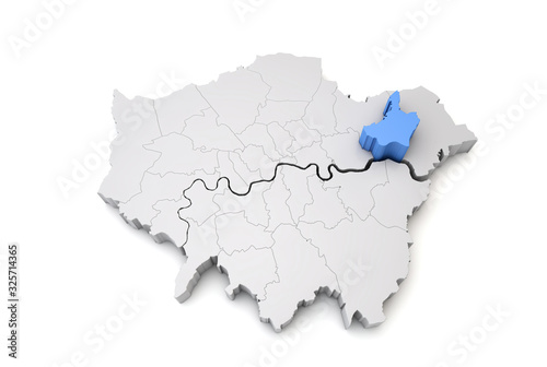 Greater London map showing Barking and Dagenham borough in blue. 3D Rendering