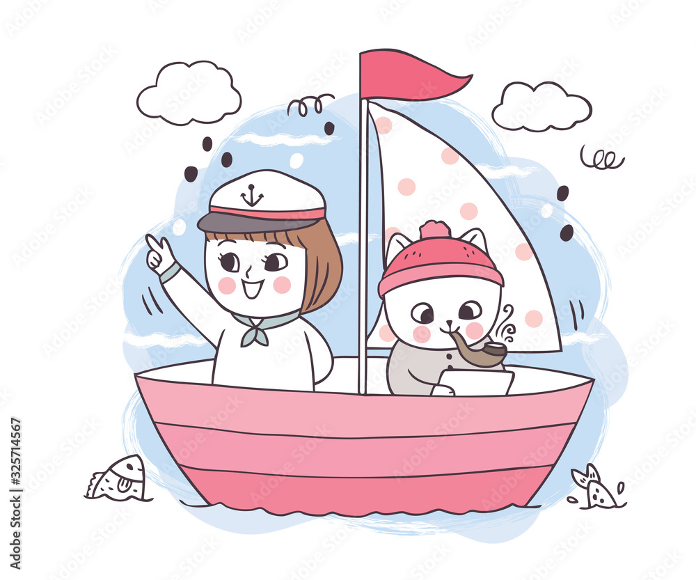 Obraz Cartoon cute white cats and girl in ship on a sea vector.