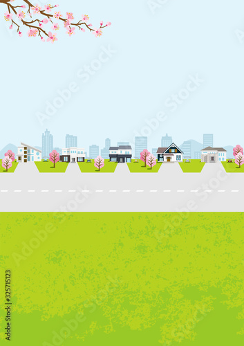 Residential area in spring nature, vertical layout