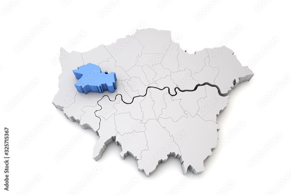 Fototapeta premium Greater London map showing Ealing borough in blue. 3D Rendering