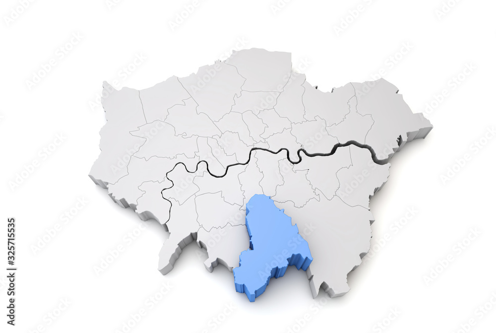 Greater London map showing Croyden borough in blue. 3D Rendering