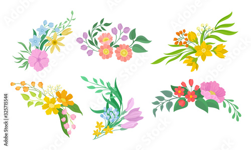 Floral Arrangement with Twigs and Flowers for Corner Decoration Vector Set
