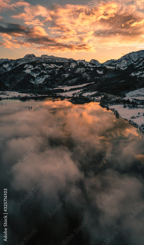 Beautifull winter mountain landscape during sunset in austria