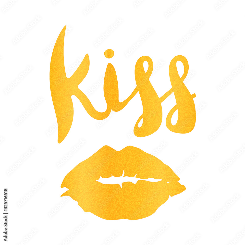 Fototapeta premium Golden lips, kiss. Lettering text kiss. Vector image imitation of gold.