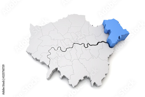 Greater London map showing Havering borough in blue. 3D Rendering
