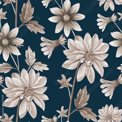 Beautiful seamless watercolor floral pattern. monochrome flowers on a blue background
