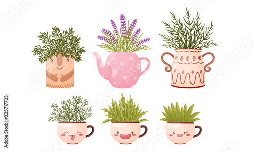 Unusual Ceramic Vases with Twigs and Plants Standing Inside Them Vector Set