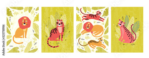 Cute leopard, tiger and lion in the jungle. Set of vertical postcards and banners in vector. Funny wild animal in tropical leaves and plants. Exotic cat cartoon character. Hand drawn illustration.