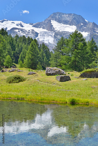 scenery landscape in alpine mountain with a lake and reflection in water