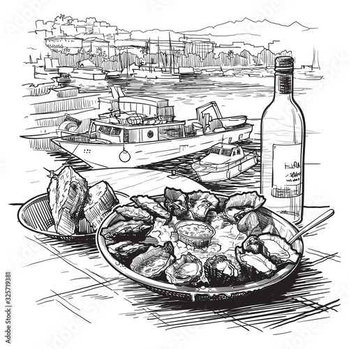 Oysters served on ice with a bottle of white wine and fresh bread. Panorama of the marina with boats on a background. La Spezia, Italy. Linear sketch isolated on white background. EPS10 vector