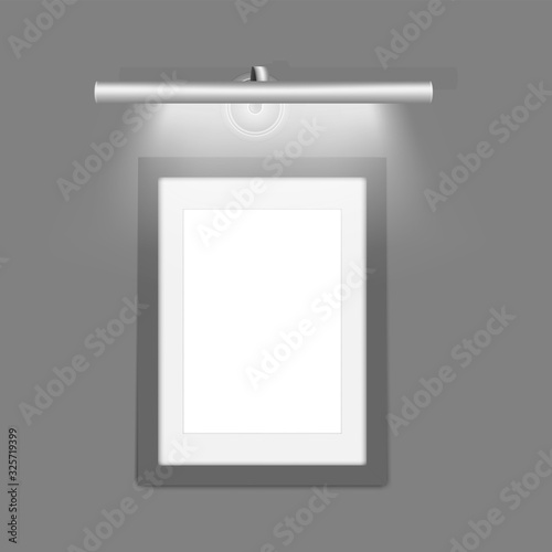 Long tube lamp above the empty modern photo frame. Modern interior picture light. Realistic vector illustration