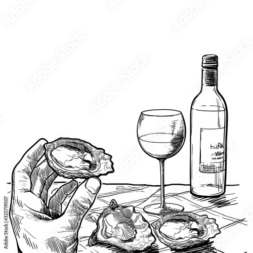 Still life drawing witha a hand holding oyster bottle of white wine and a couple of oysters laying on a table. Template for a restaurant menu. Linear sketch isolated on white background. EPS10 vector