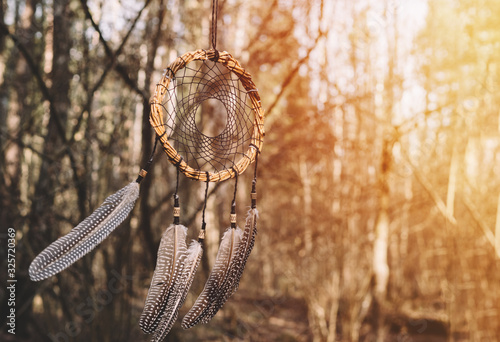 Dreamcatcher handmade from willow in a dry forest