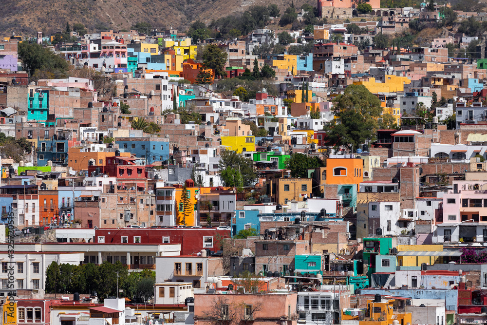 Guanajuato City historic center. Colorful homes built on hillside. Guanajuato State, Mexico.