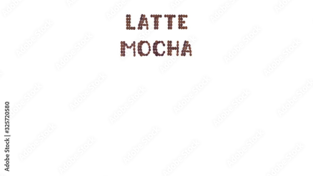 Stop motion set of animation roasted coffee beans arranged in coffee type (americano; espresso, latte, mocha, cappuccino, macchiato) on white background. Stop motion set of animation roasted coffee beans arranged in coffee type (americano; espresso, latte, mocha, cappuccino, macchiato) on white background.