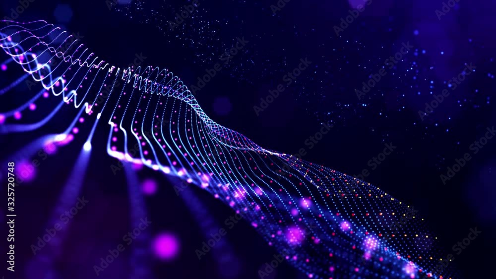4k looped science fiction particle background with bokeh and light effects. Glow blue particles form lines, surfaces, complex structures in smooth motion like in the microworld or space. 9