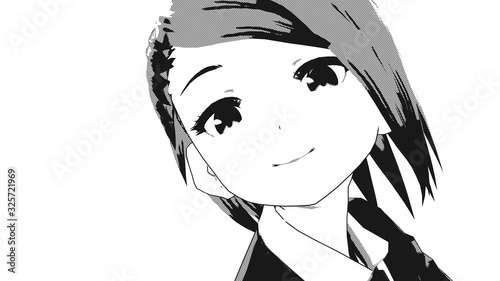 Anime Girl Comic Cartoon Character in Business Suit or Japanese School Uniform standing in front of a white background with a confident smile it's Anime Manga Girl in black and white