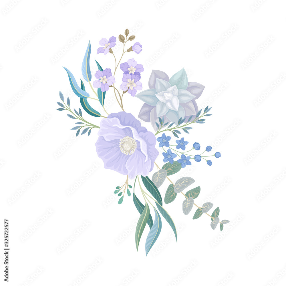 Blue Flower Arrangement with Branches and Lush Twigs Vector Illustration Blue Flower Arrangement with Branches and Lush Twigs Vector Illustration