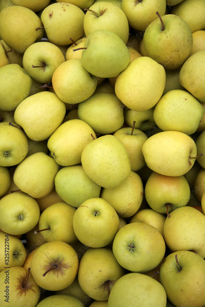 Golden Delicious Äpfel (Malus domestica) auf einem Markt in Trentino. Italien Golden Delicious Äpfel (Malus domestica) auf einem Markt in Trentino. Italien