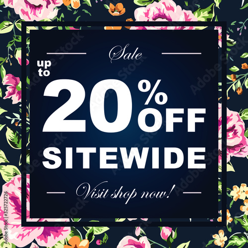 up to 20% off Sale advertising for store and shop sitewide. with text to visit website. with flower pattern in the background. white letters on dark background. for flower shop, beauty salon. vector