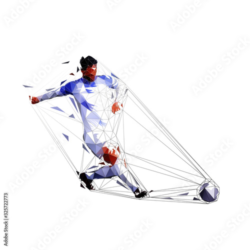 Soccer player kicking ball, attacker shoots. Isolated low polygonal vector illustration