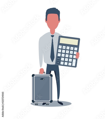 Businessman or clerk. Male character in trendy simple style with objects, flat vector illustration. Business concept. Isolated on white background.
