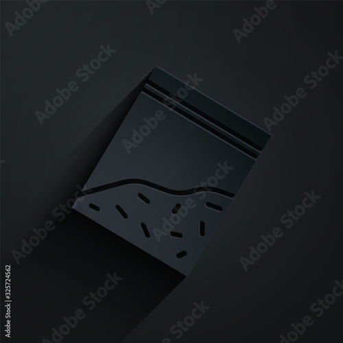 Paper cut Plastic bag of drug icon isolated on black background. Health danger. Paper art style. Vector Illustration