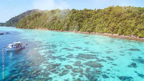 Amazing aerial view of Surin Islands from drone on a sunny day, Thailand. Surin National Park