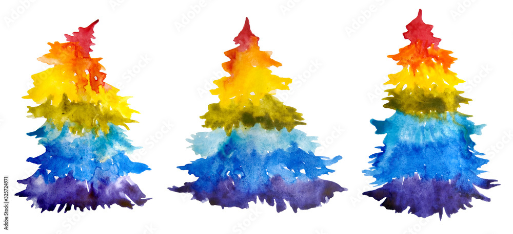 watercolor hand drawn illustration with three rainbow lgbtq flag Christmas trees for festive cards design paper textile gay pride holiday Happy new year with bright intense vibrant colors