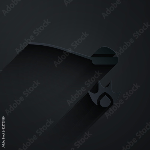 Paper cut Heroin in a spoon icon isolated on black background. Concept of drug addiction and dependence from the narcotic. Junkie lifestyle. Paper art style. Vector Illustration