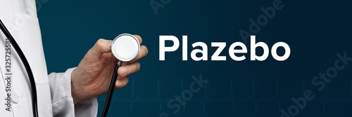 Plazebo. Arzt im Kittel hält Stethoskop. Das Wort Plazebo steht daneben. Symbol für Medizin, Krankheit, Gesundheit photo
