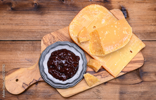 Cheese collection, Dutch old cheese from Terschellinger polder on Wadden islands, Friesland, Netherlands and apple chutney photo