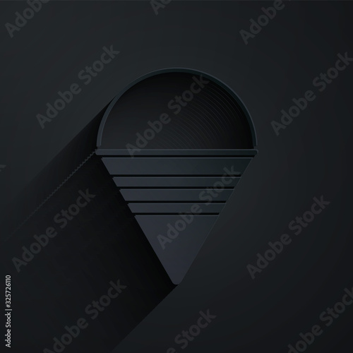 Paper cut Fire cone bucket icon isolated on black background. Metal cone bucket empty or with water for fire fighting. Paper art style. Vector Illustration