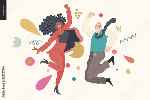 Happy business employee man and woman jumping in the air cheerfully. Modern flat vector concept illustration of a happy jumping office workers. Feeling and emotion concept.