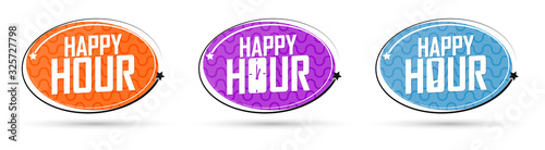 Set Happy Hour banners design template, sale tags, vector illustration