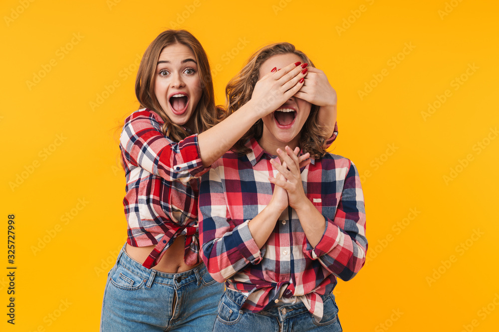 Image of young girl smiling and covering woman's eyes standing behind her Image of young girl smiling and covering woman's eyes standing behind her