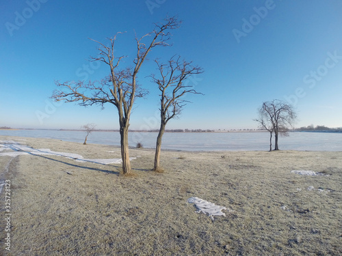 First snow. Winter landscape. Frozen lake. Cold climate pattern for design. Nature background. Morning frost.