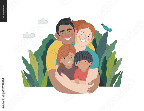 Happy international family with kids -family health and wellness -modern flat vector concept digital illustration of a happy family of parents and children, family medical insurance plan