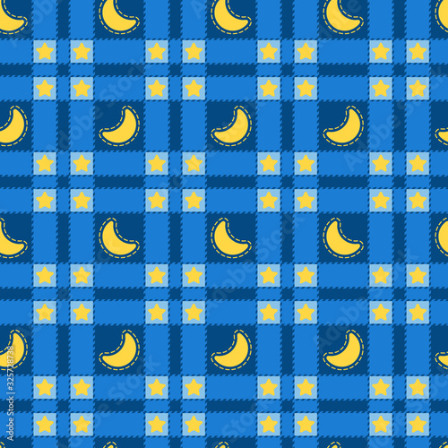 Naklejka Seamless pattern of blue plaid with a yellow month and stars. Vector background.