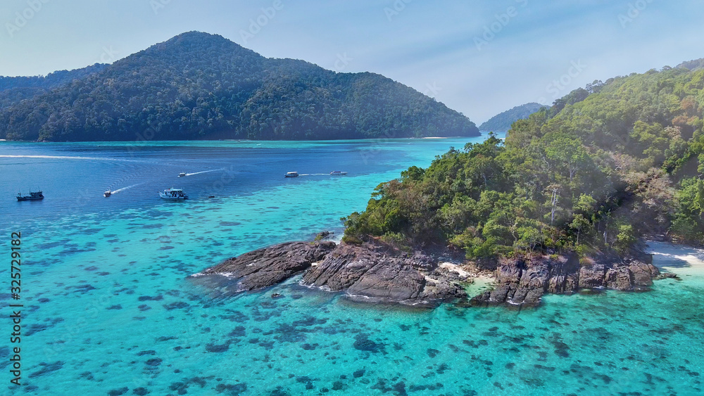 Fototapeta premium Amazing aerial view of Surin Islands from drone on a sunny day, Thailand. Surin National Park